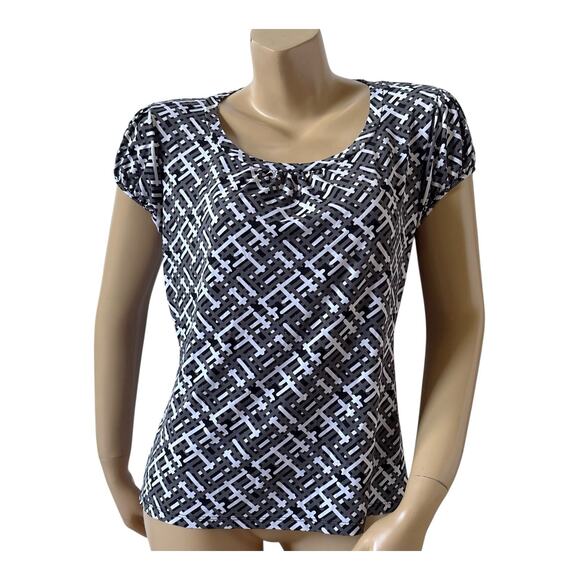 WORTHINGTON Womens Petite Size PL Short Sleeve Gray Black White Patterned Shirt - Picture 1 of 8